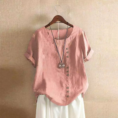 Elegant Cotton Women's Blouse with Short Sleeves and Button Details