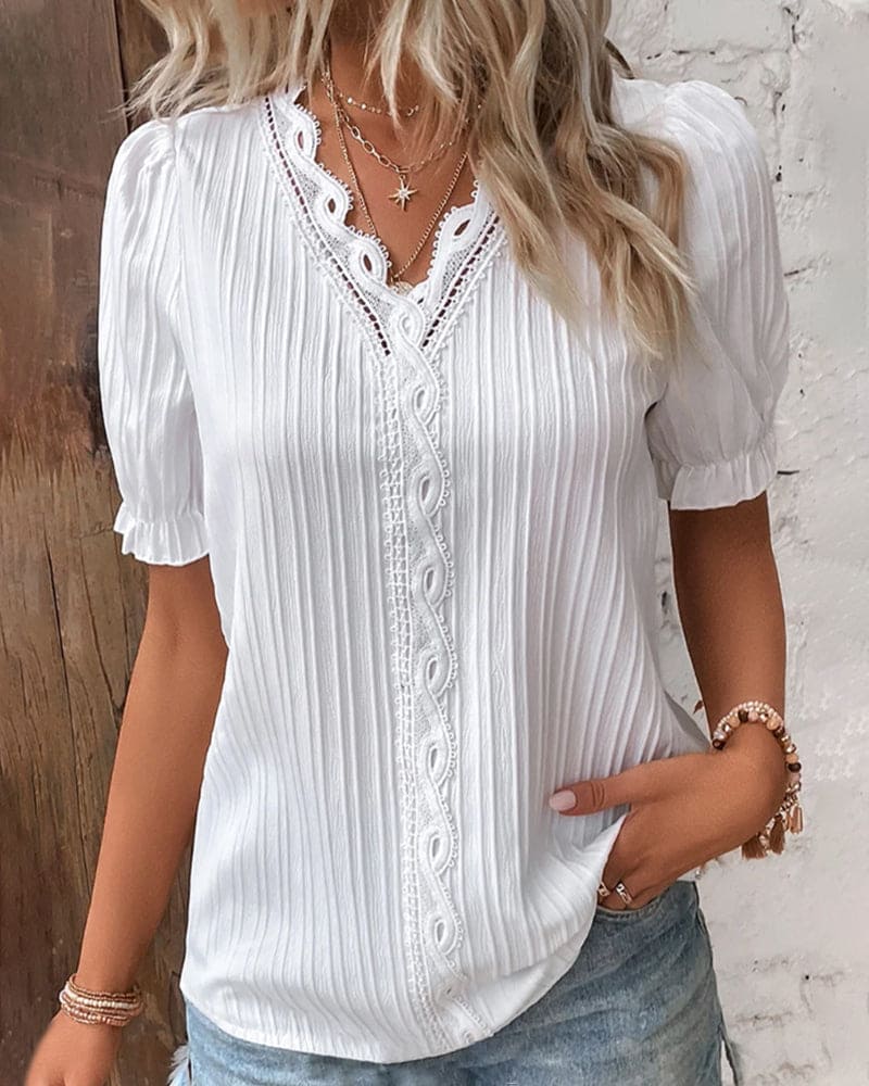 Elegant Lace Women's Blouse with V-Neck - Fleur