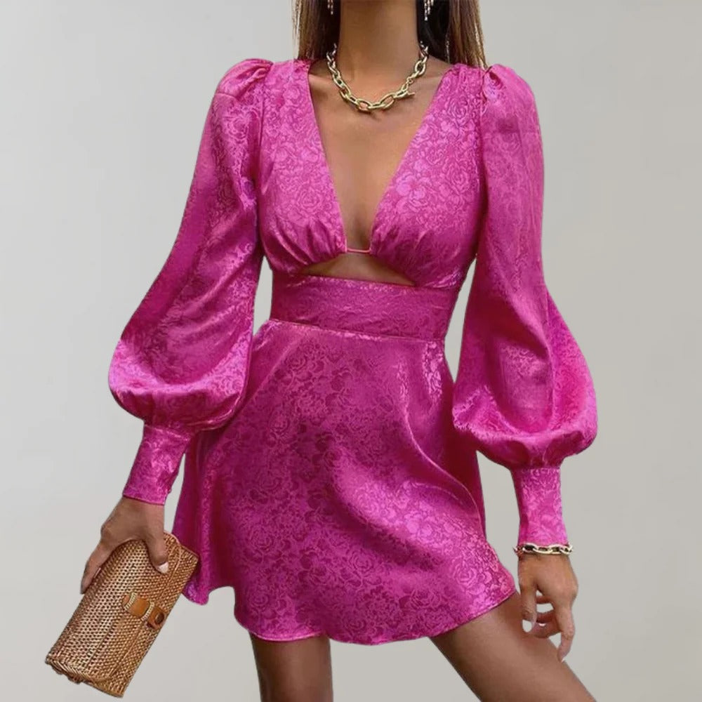 Elegant Midi Dress with V-Neck and Lantern Sleeves - Lora
