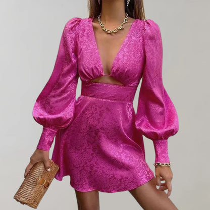 Elegant Midi Dress with V-Neck and Lantern Sleeves - Lora