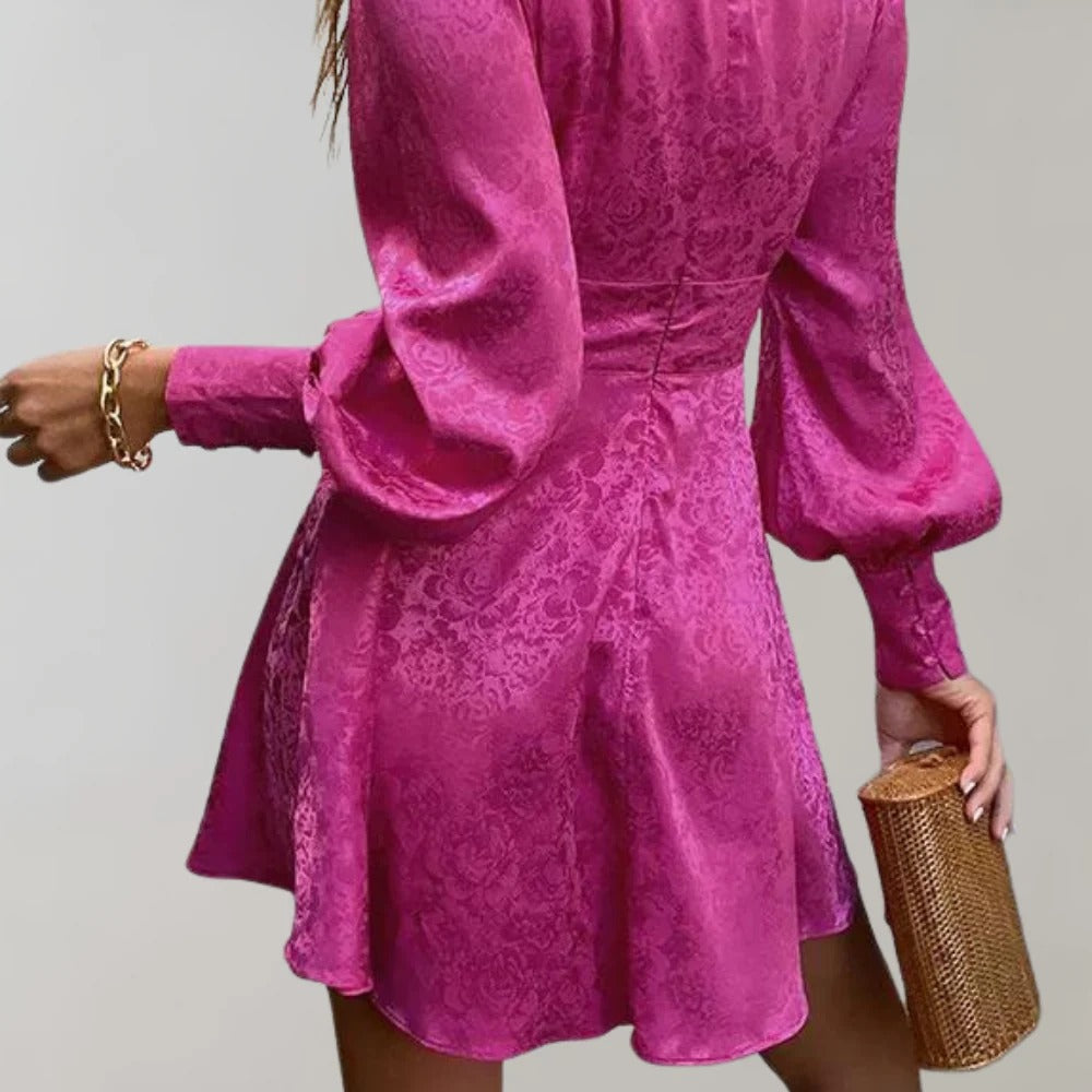 Elegant Midi Dress with V-Neck and Lantern Sleeves - Lora