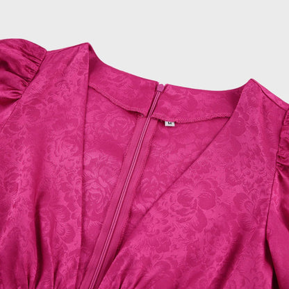 Elegant Midi Dress with V-Neck and Lantern Sleeves - Lora