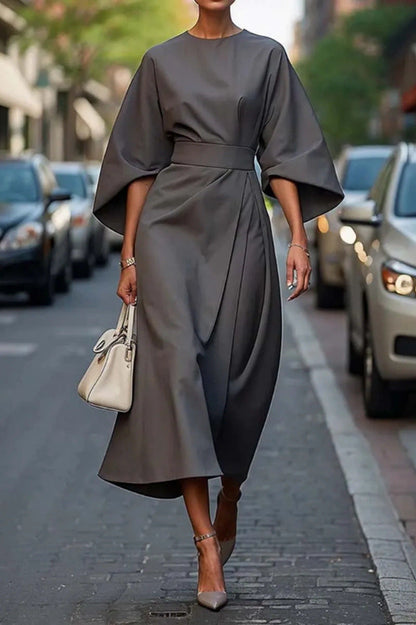 Elegant Midi Dress with Wide Sleeves and Subtle Waistband
