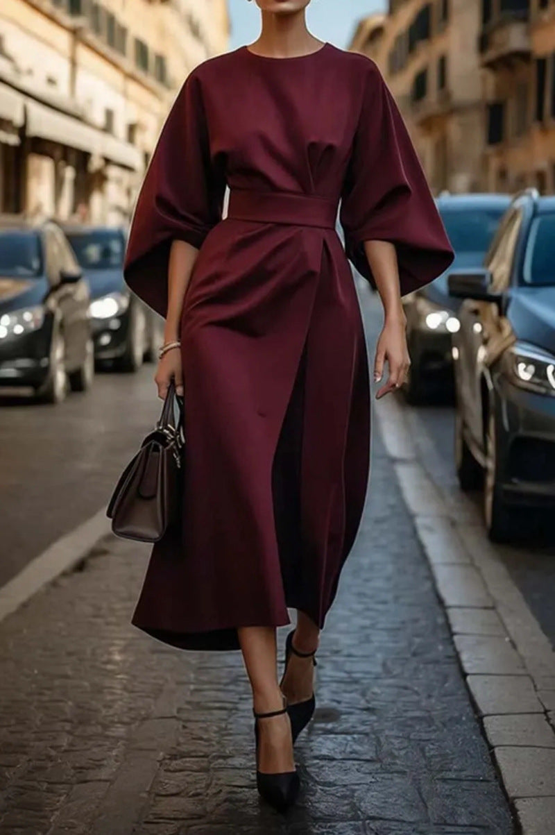 Elegant Midi Dress with Wide Sleeves and Subtle Waistband