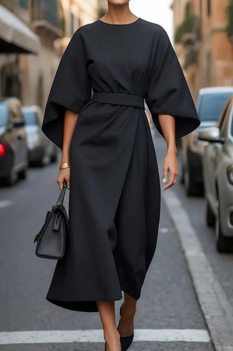 Elegant Midi Dress with Wide Sleeves and Subtle Waistband