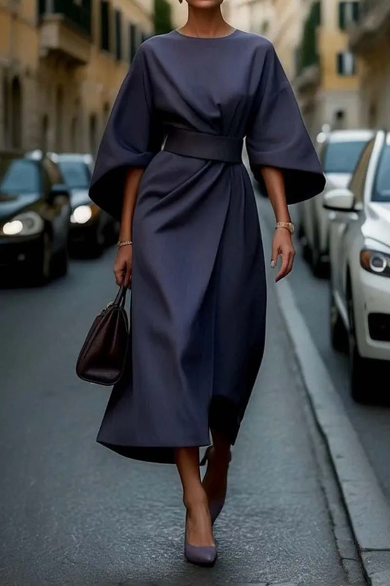 Elegant Midi Dress with Wide Sleeves and Subtle Waistband