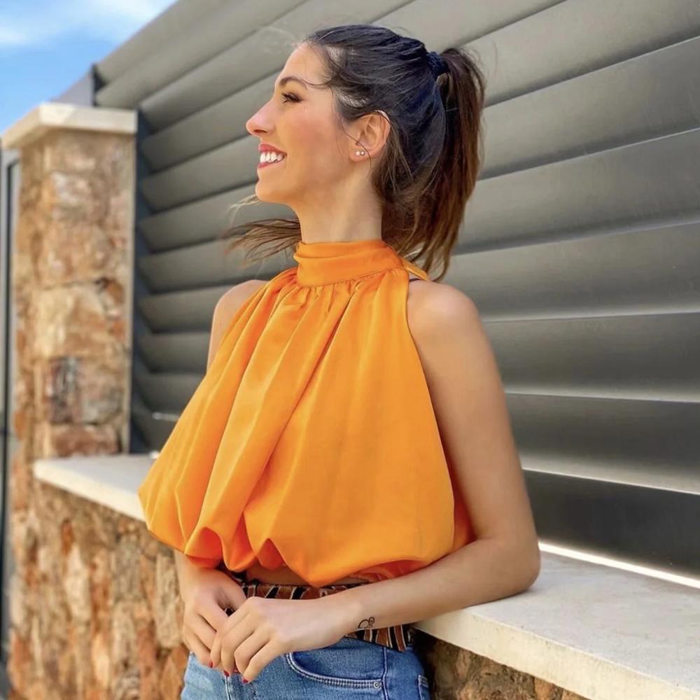 Elegant Orange Top with Subtle Shine and Feminine Fit