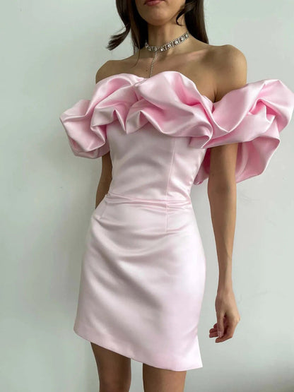 Elegant Satin Off-Shoulder Dress with Ruffles - Gabrielle