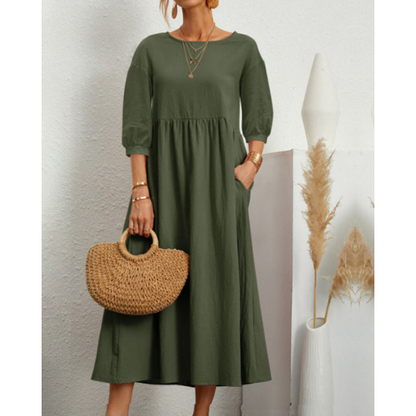Elegant Summer Dress with Smock Detail and Midi Length