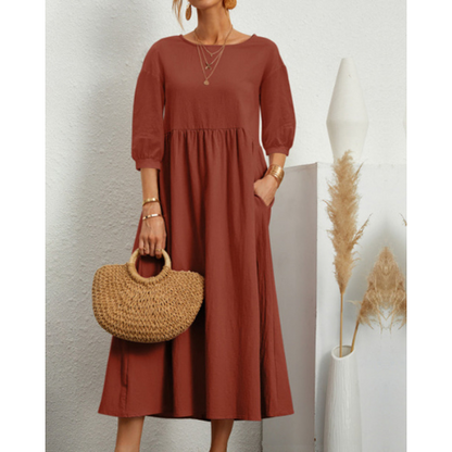 Elegant Summer Dress with Smock Detail and Midi Length