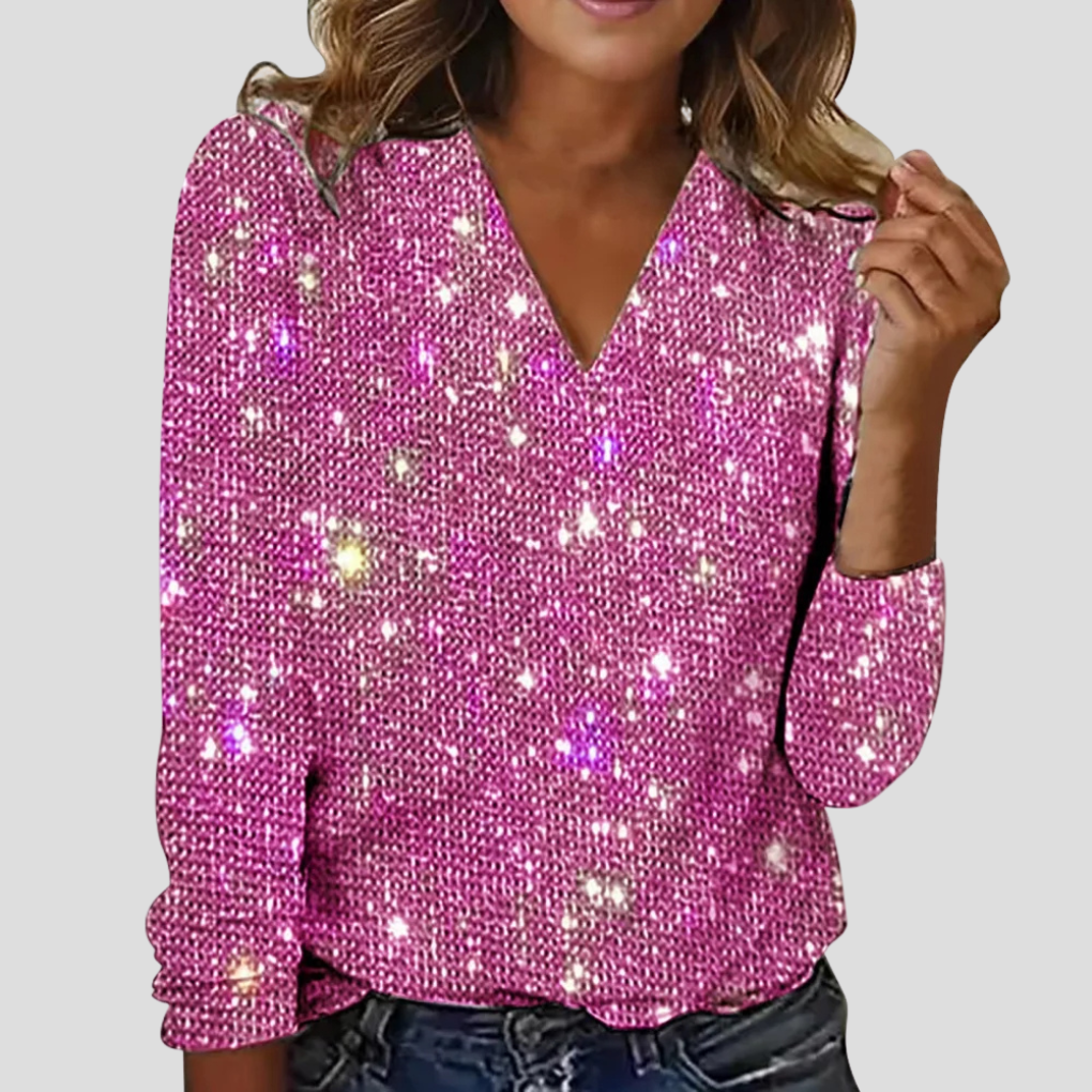 Elegant V-neck glitter blouse with long sleeves