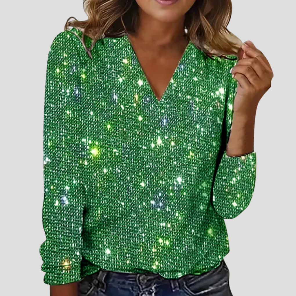 Elegant V-neck glitter blouse with long sleeves