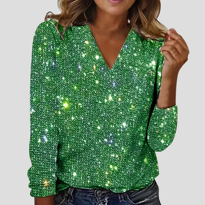 Elegant V-neck glitter blouse with long sleeves