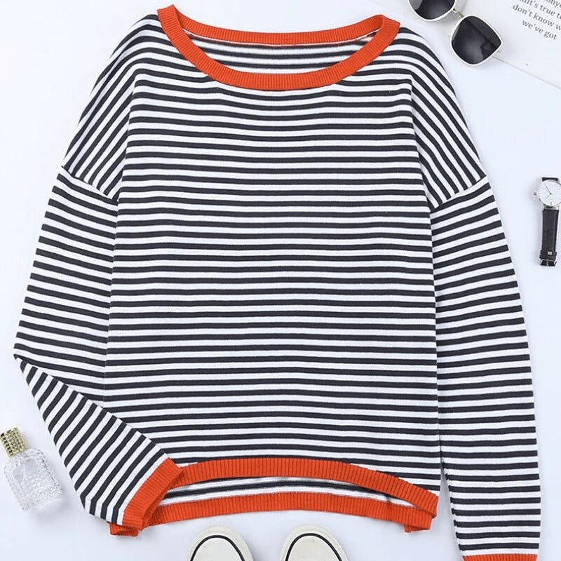 Elegant knitted women's sweater with loose stripes - Angelien