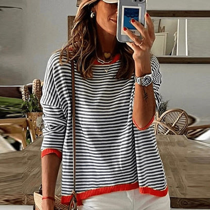 Elegant knitted women's sweater with loose stripes - Angelien