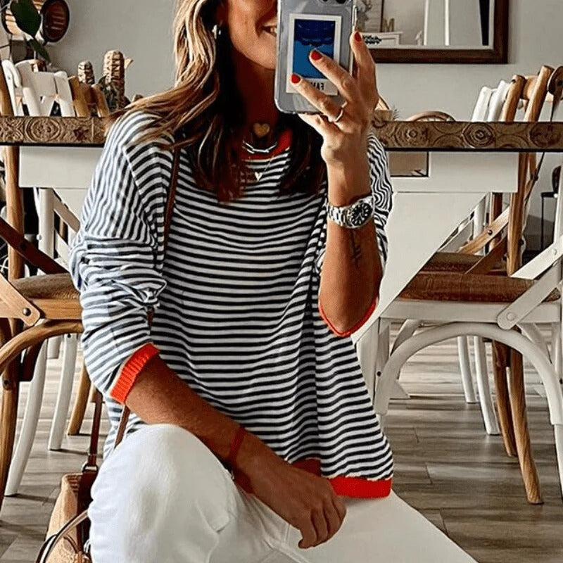 Elegant knitted women's sweater with loose stripes - Angelien