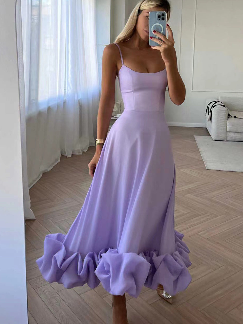 Elegant midi evening dress with ruffles - Arzure