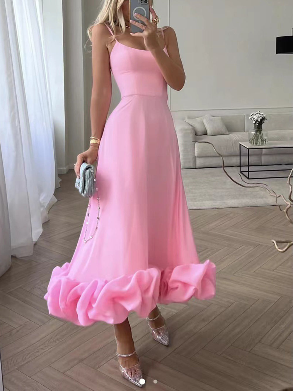 Elegant midi evening dress with ruffles - Arzure