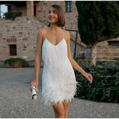 Elegant mini cocktail evening dress with sequins and feathers - Hannah