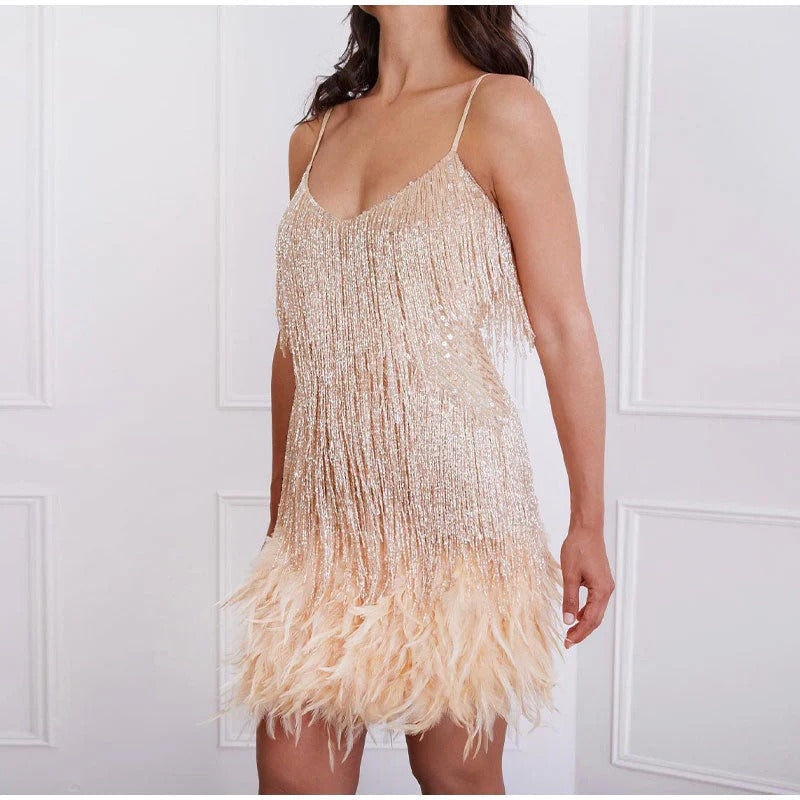 Elegant mini cocktail evening dress with sequins and feathers - Hannah