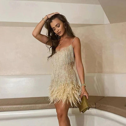 Elegant mini cocktail evening dress with sequins and feathers - Hannah
