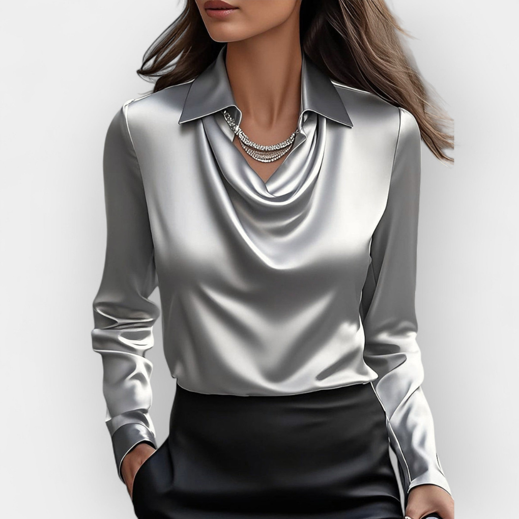 Elegant satin blouse with waterfall collar