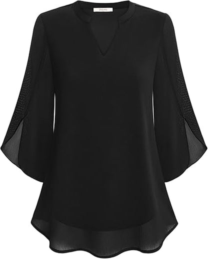 Ladies' Elegant Blouse with V-Neck and Wide Sleeves
