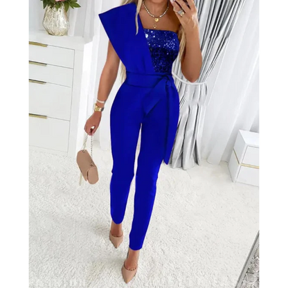 Elegant Glitter Jumpsuit for Women with Belt and One Shoulder