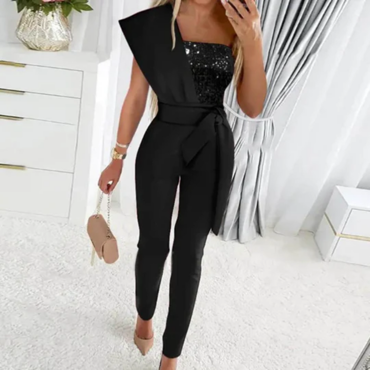 Elegant Glitter Jumpsuit for Women with Belt and One Shoulder