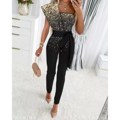 Elegant Glitter Jumpsuit for Women with Belt and One Shoulder