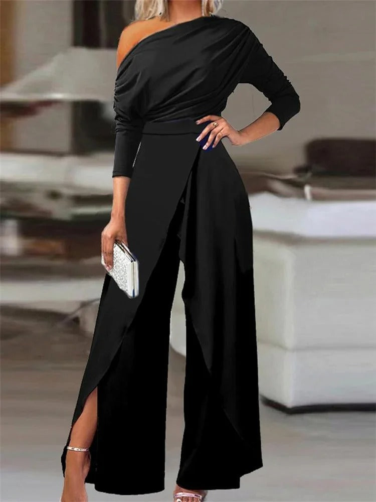 Elegant One Shoulder Jumpsuit for Women with Wide Legs and Split