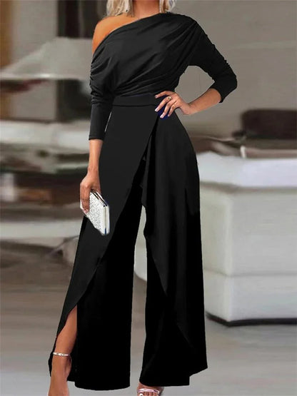 Elegant One Shoulder Jumpsuit for Women with Wide Legs and Split