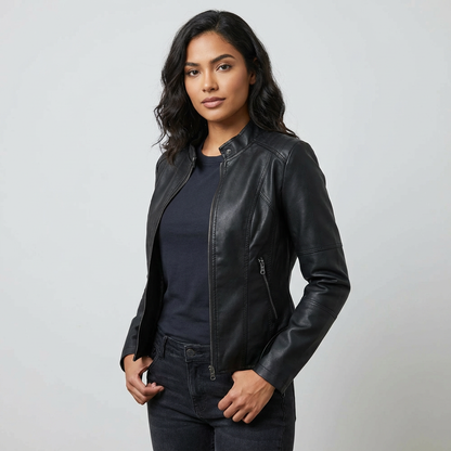 Ladies Tailored Leather Jacket with Zip Pockets and Press Stud Collar