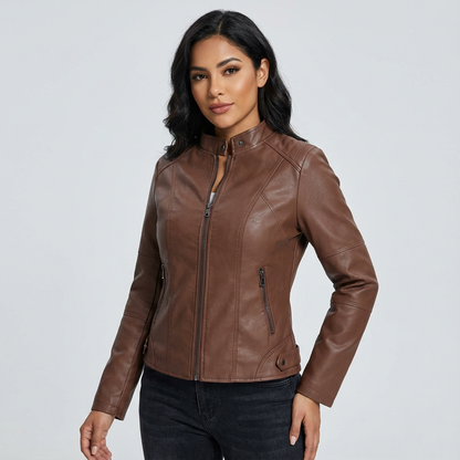 Ladies Tailored Leather Jacket with Zip Pockets and Press Stud Collar