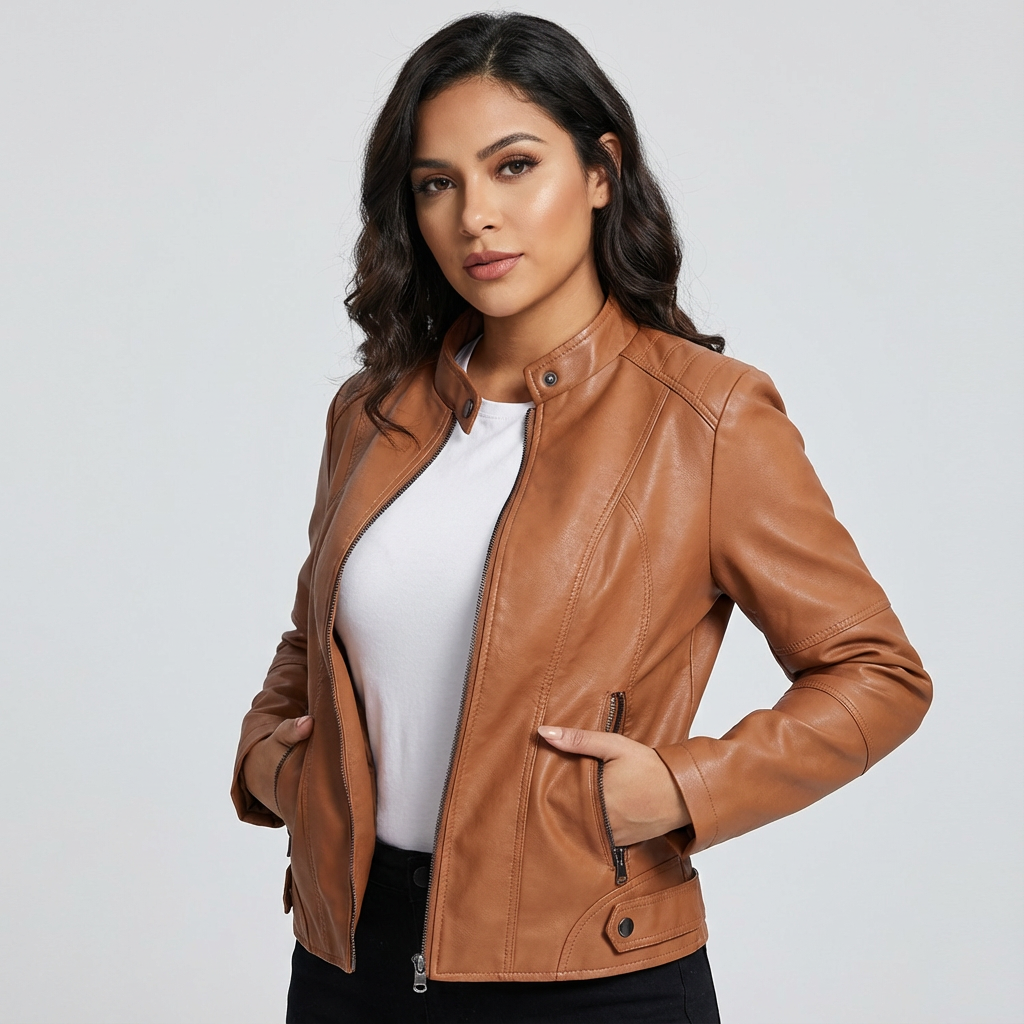 Ladies Tailored Leather Jacket with Zip Pockets and Press Stud Collar