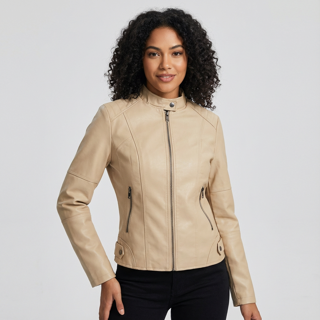 Ladies Tailored Leather Jacket with Zip Pockets and Press Stud Collar