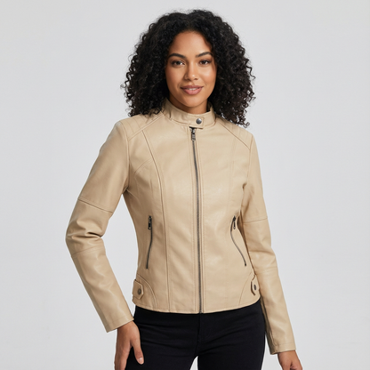 Ladies Tailored Leather Jacket with Zip Pockets and Press Stud Collar