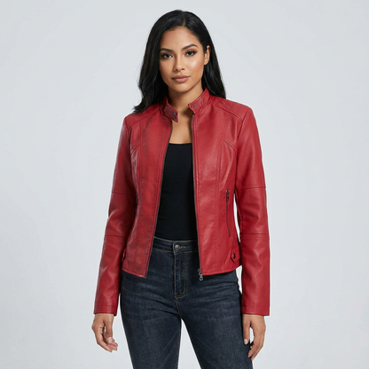Ladies Tailored Leather Jacket with Zip Pockets and Press Stud Collar