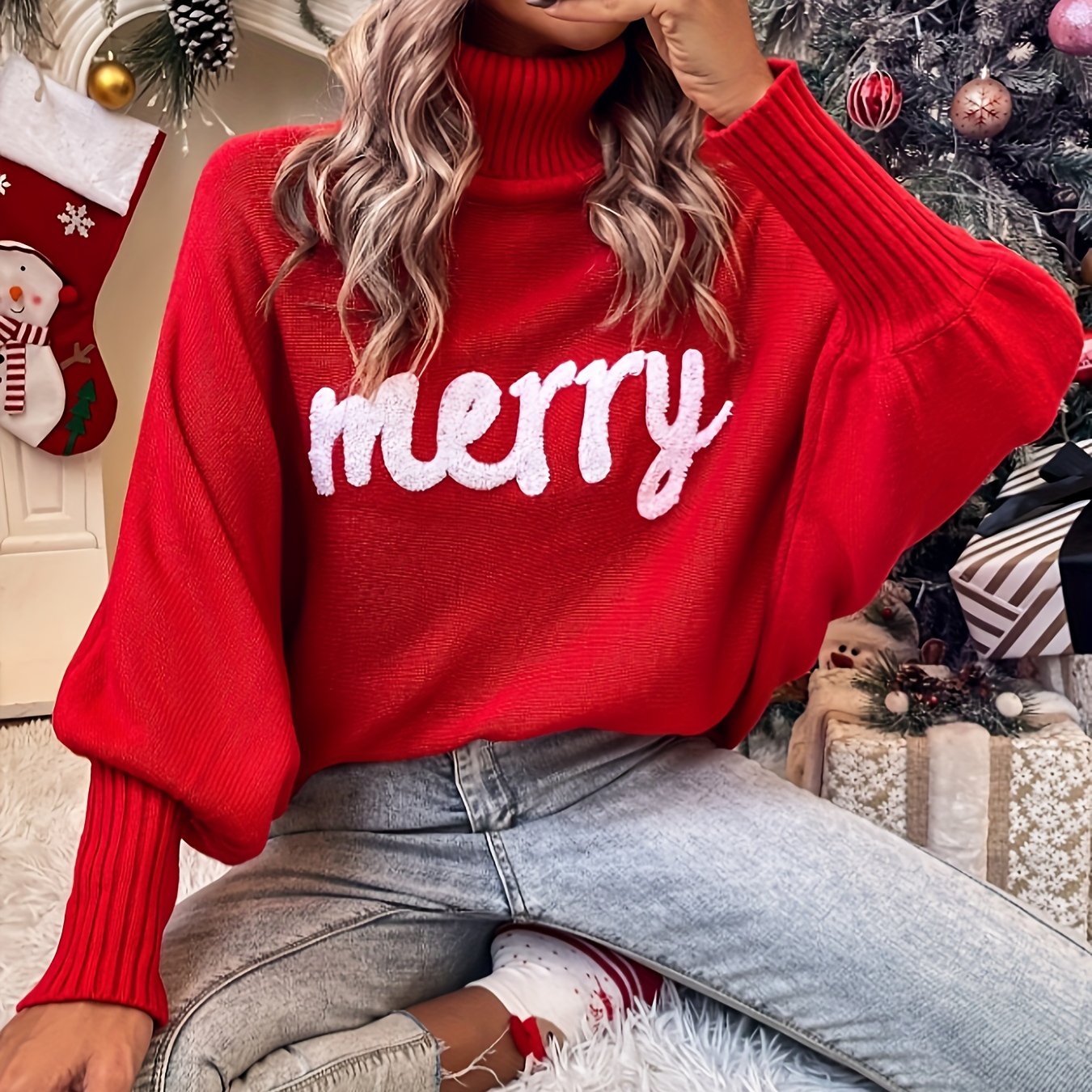 Elin | Cheerful Christmas Jumpers with Batwing Sleeves and Elegant Collar for Women