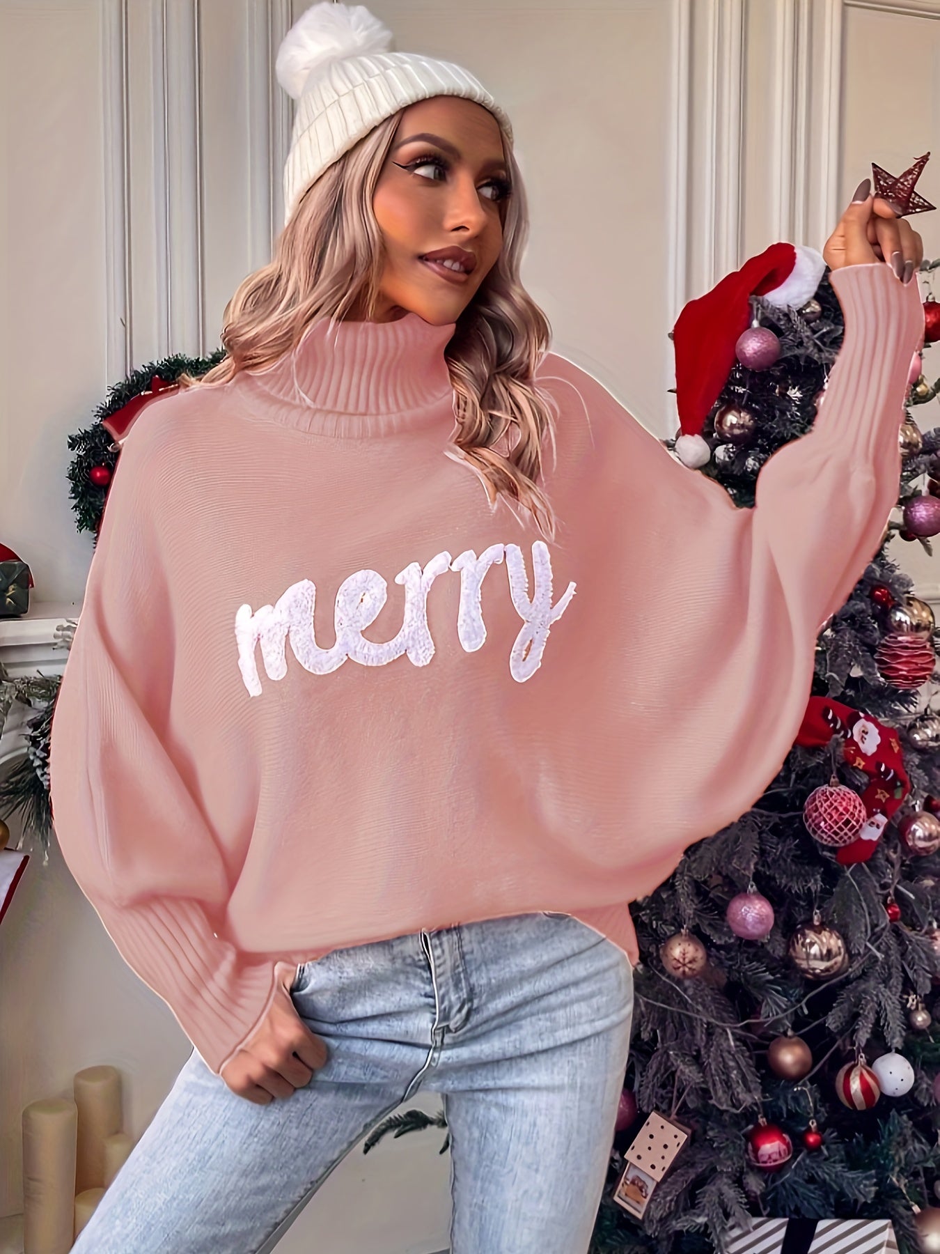 Elin | Cheerful Christmas Jumpers with Batwing Sleeves and Elegant Collar for Women