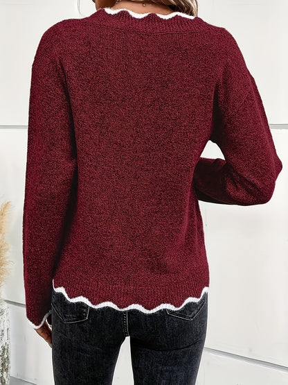 Elin | Elegant V-neck jumper with scallop detailing and long sleeves