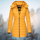 Cappotto imbottito lungo da donna per l'inverno, con cappuccio e zip integrale