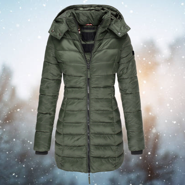 Cappotto imbottito lungo da donna per l'inverno, con cappuccio e zip integrale