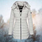 Cappotto imbottito lungo da donna per l'inverno, con cappuccio e zip integrale