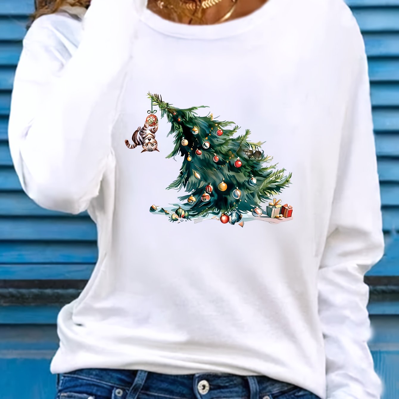 Elise | Festive Christmas Tree Print Long Sleeve T-Shirt