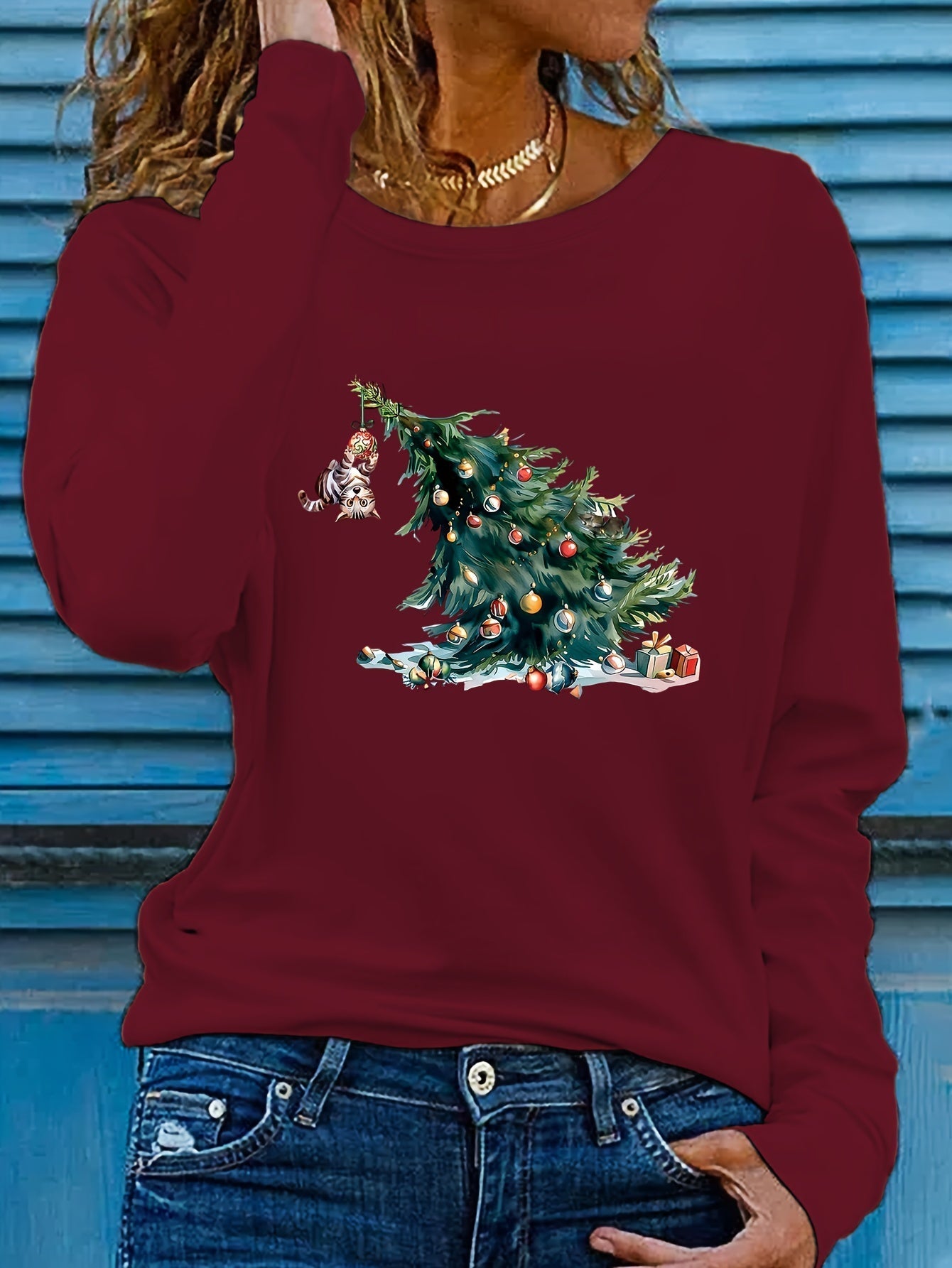 Elise | Festive Christmas Tree Print Long Sleeve T-Shirt