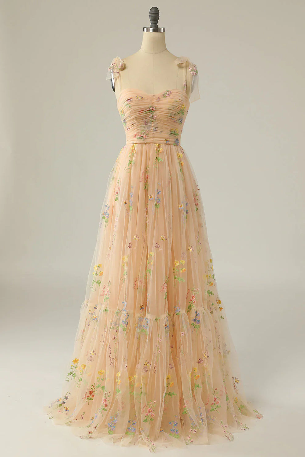 Embroidered Tulle Ball Gown with Floral Motif