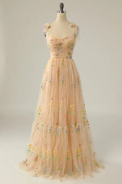 Embroidered Tulle Ball Gown with Floral Motif
