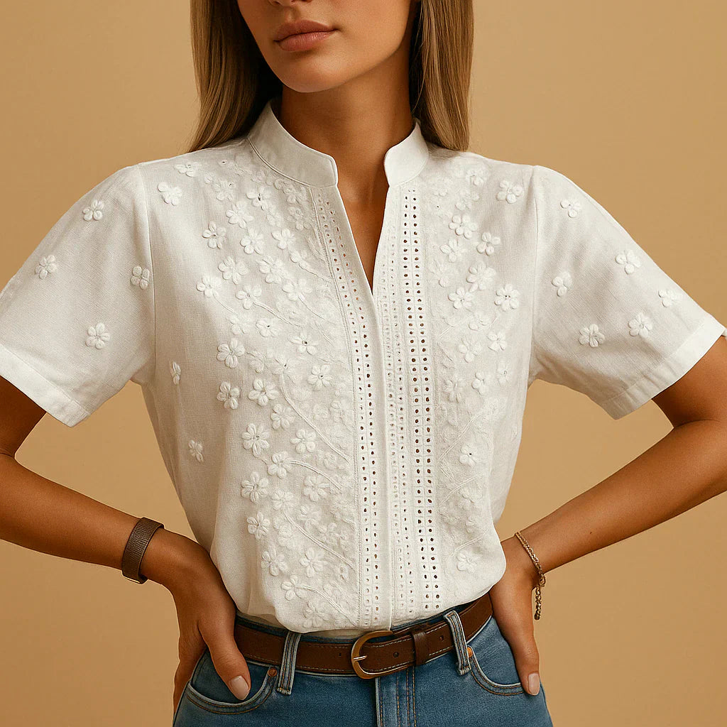 Embroidered White Blouse with Stand-up Collar