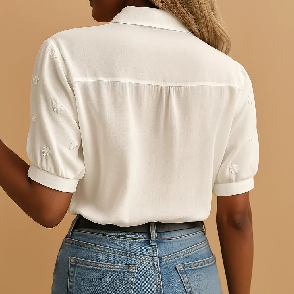 Embroidered White Blouse with Stand-up Collar